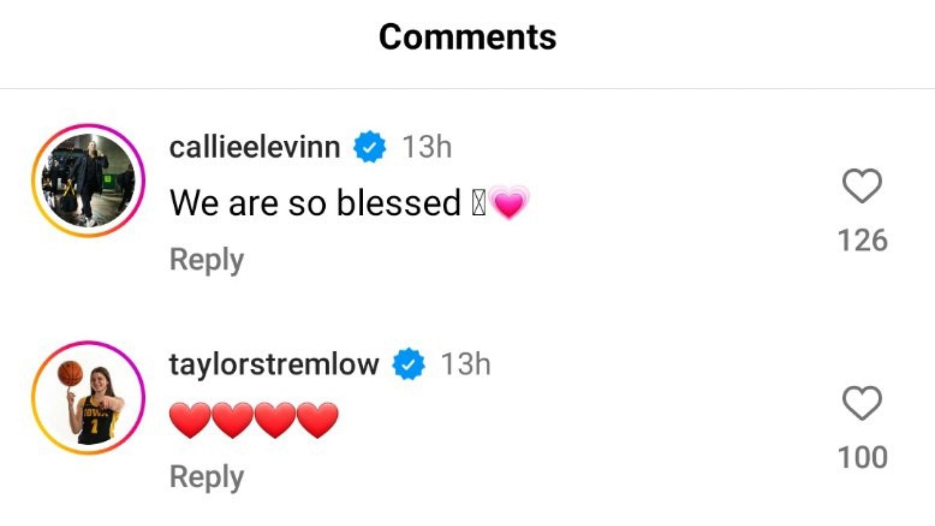 Callie Levin and Taylor Stremlow commented on their team's Instagram post showing the Iowa Hawkeyes' reactions to them receiving special-edition Nike shoes from Caitlin Clark. Source: Instagram/@iowawbb